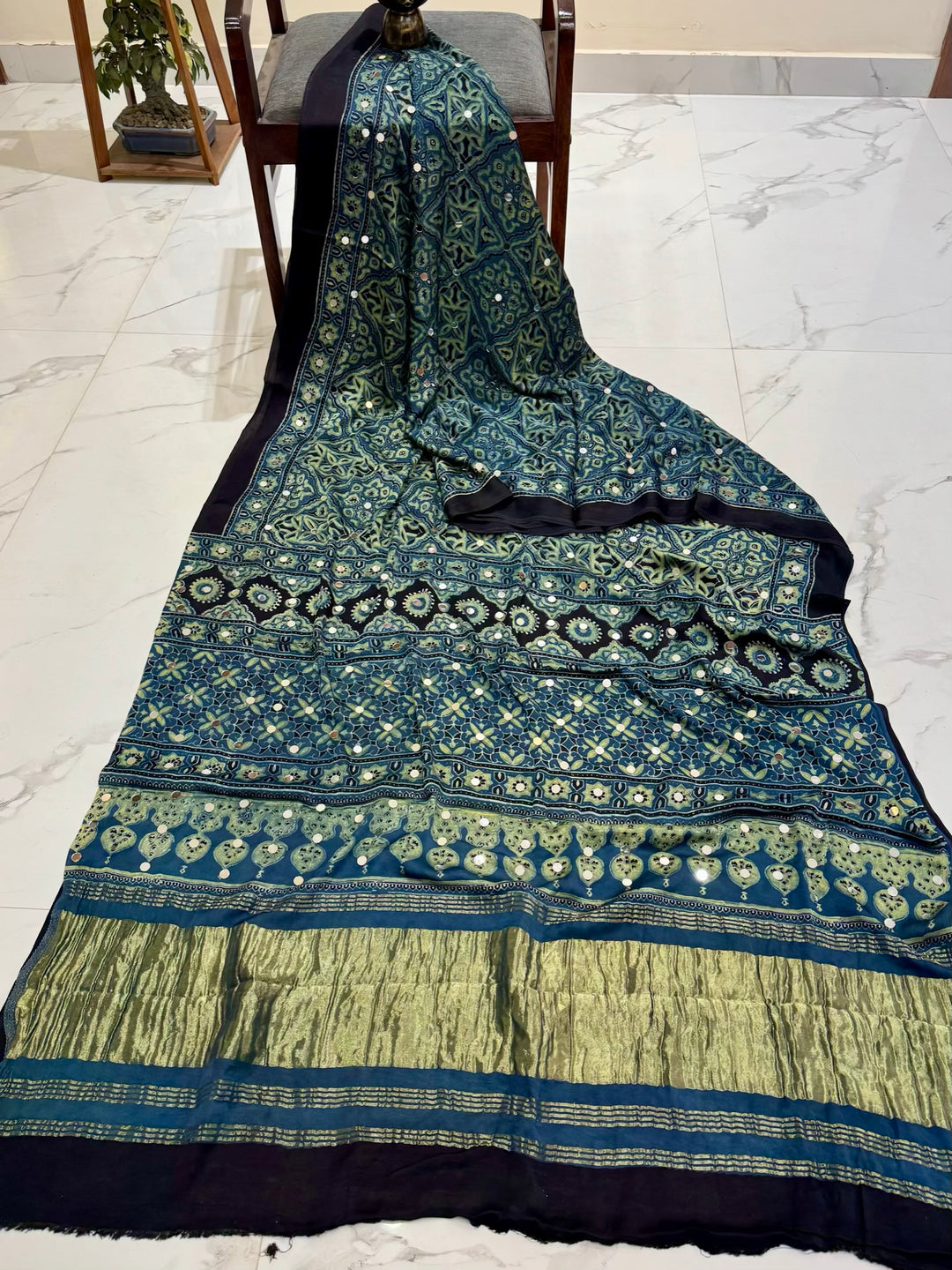 Pure Modal Silk Ajrakh Handblock Printed Saree with Real Mirror Work – Teal & Green