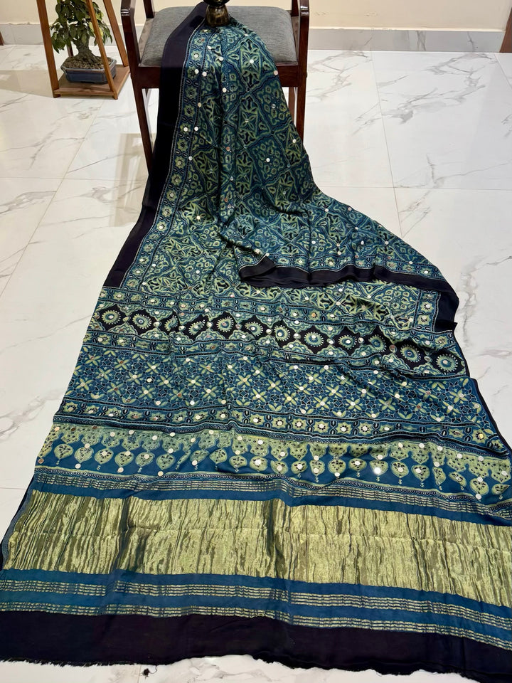 Pure Modal Silk Ajrakh Handblock Printed Saree with Real Mirror Work – Teal & Green
