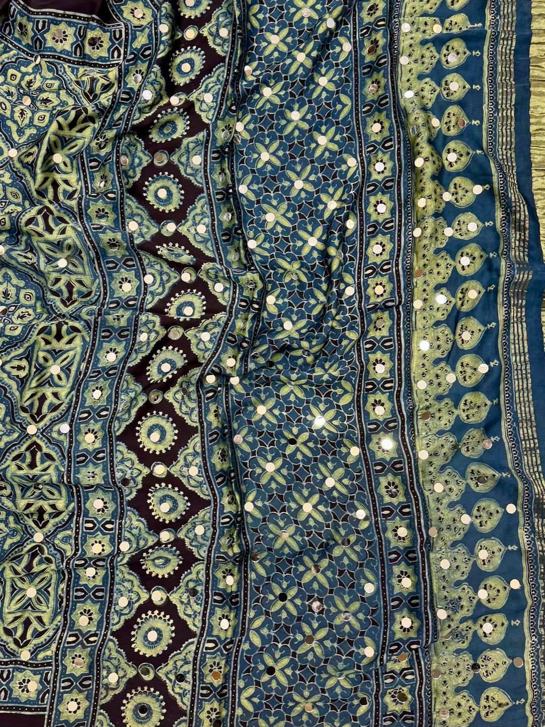 Pure Modal Silk Ajrakh Handblock Printed Saree with Real Mirror Work – Teal & Green