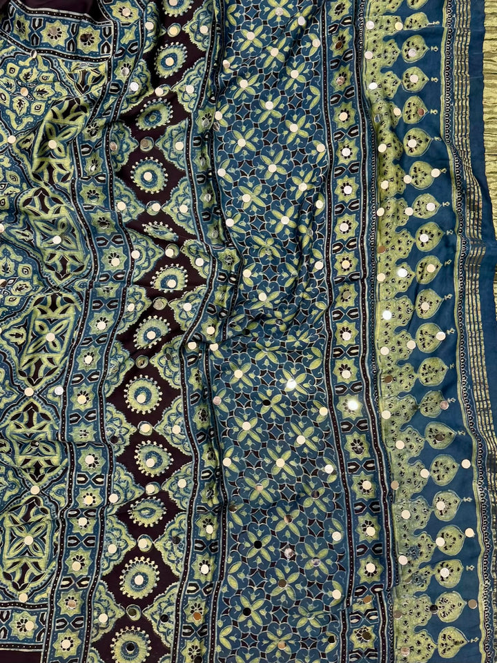 Pure Modal Silk Ajrakh Handblock Printed Saree with Real Mirror Work – Teal & Green