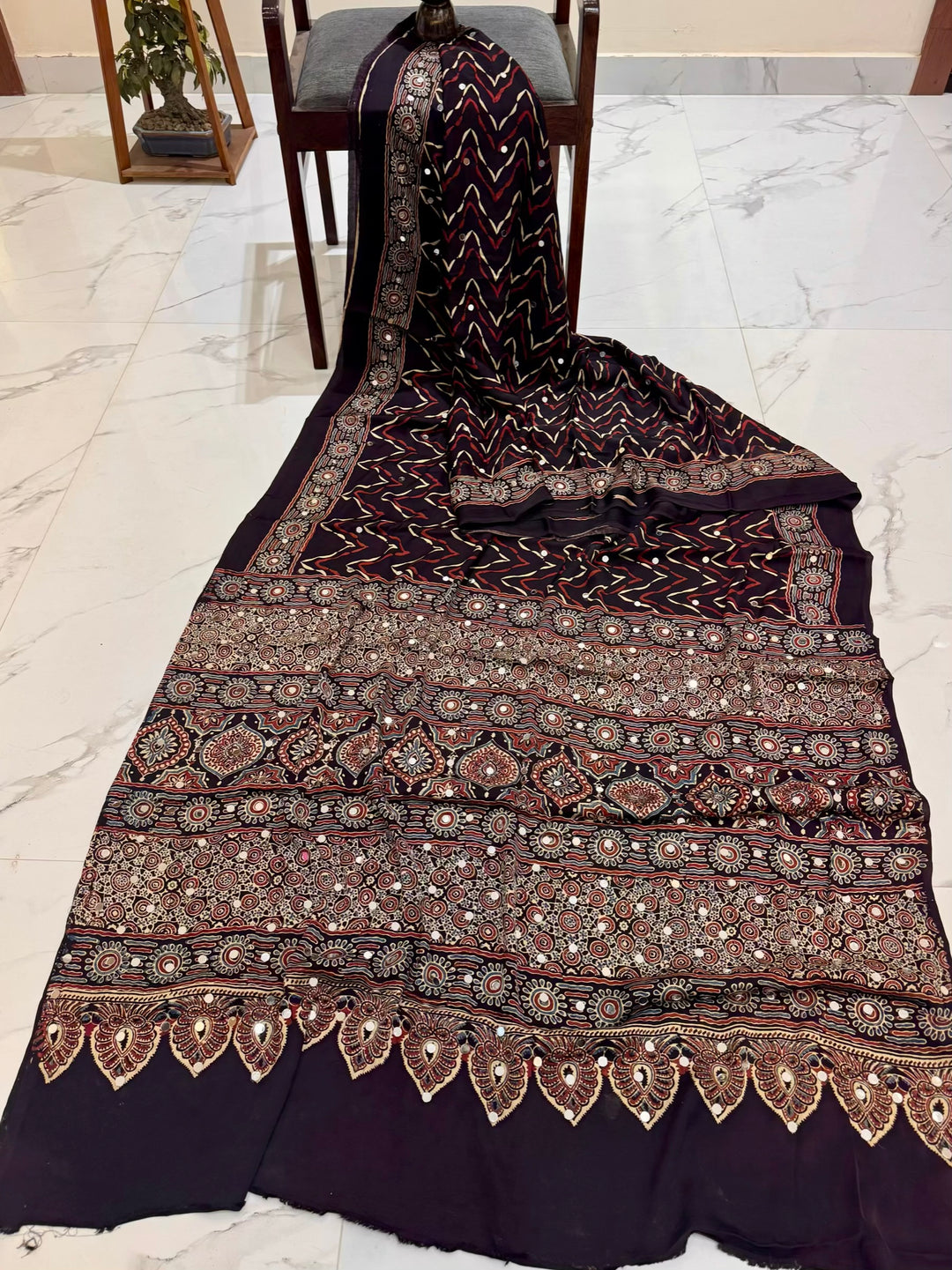 Traditional Handblock Ajrakh Modal Silk Saree featuring Mirror Work & Scalloped Border – Maroon & Black