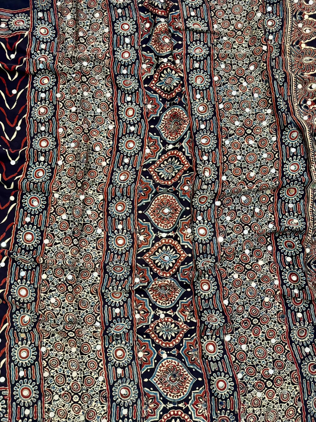 Traditional Handblock Ajrakh Modal Silk Saree featuring Mirror Work & Scalloped Border – Maroon & Black