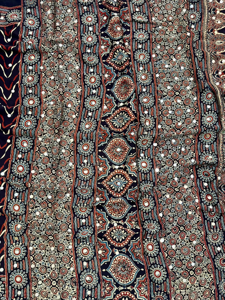 Traditional Handblock Ajrakh Modal Silk Saree featuring Mirror Work & Scalloped Border – Maroon & Black