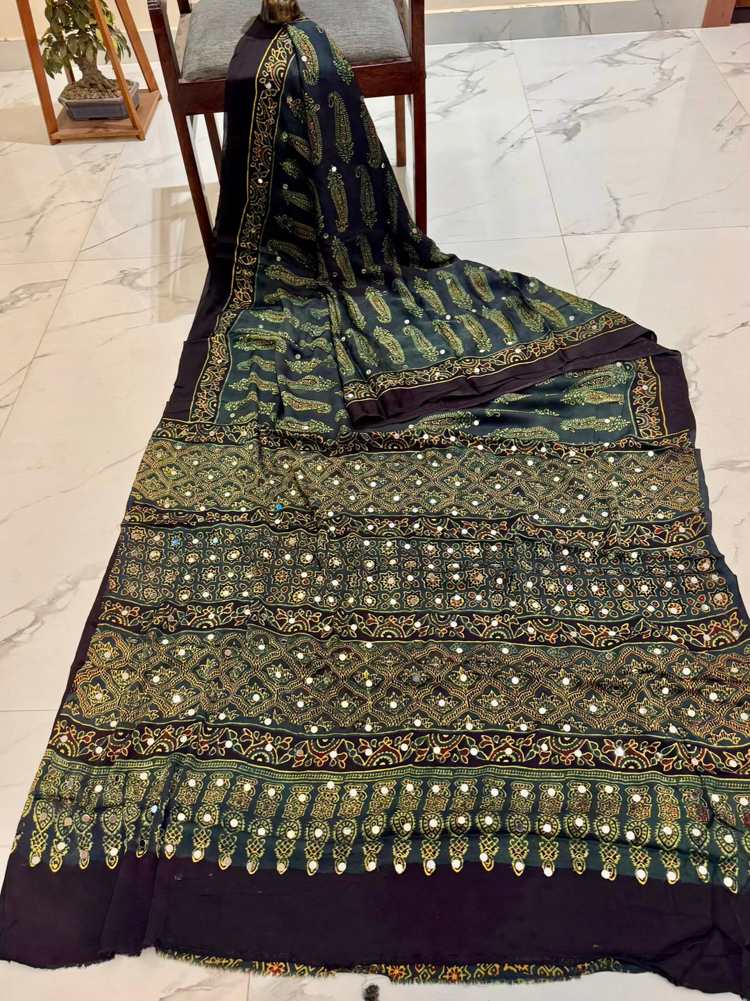 Pure Modal Silk Handblock Printed Paisley Saree with Mirror Work Detailing – Forest Green