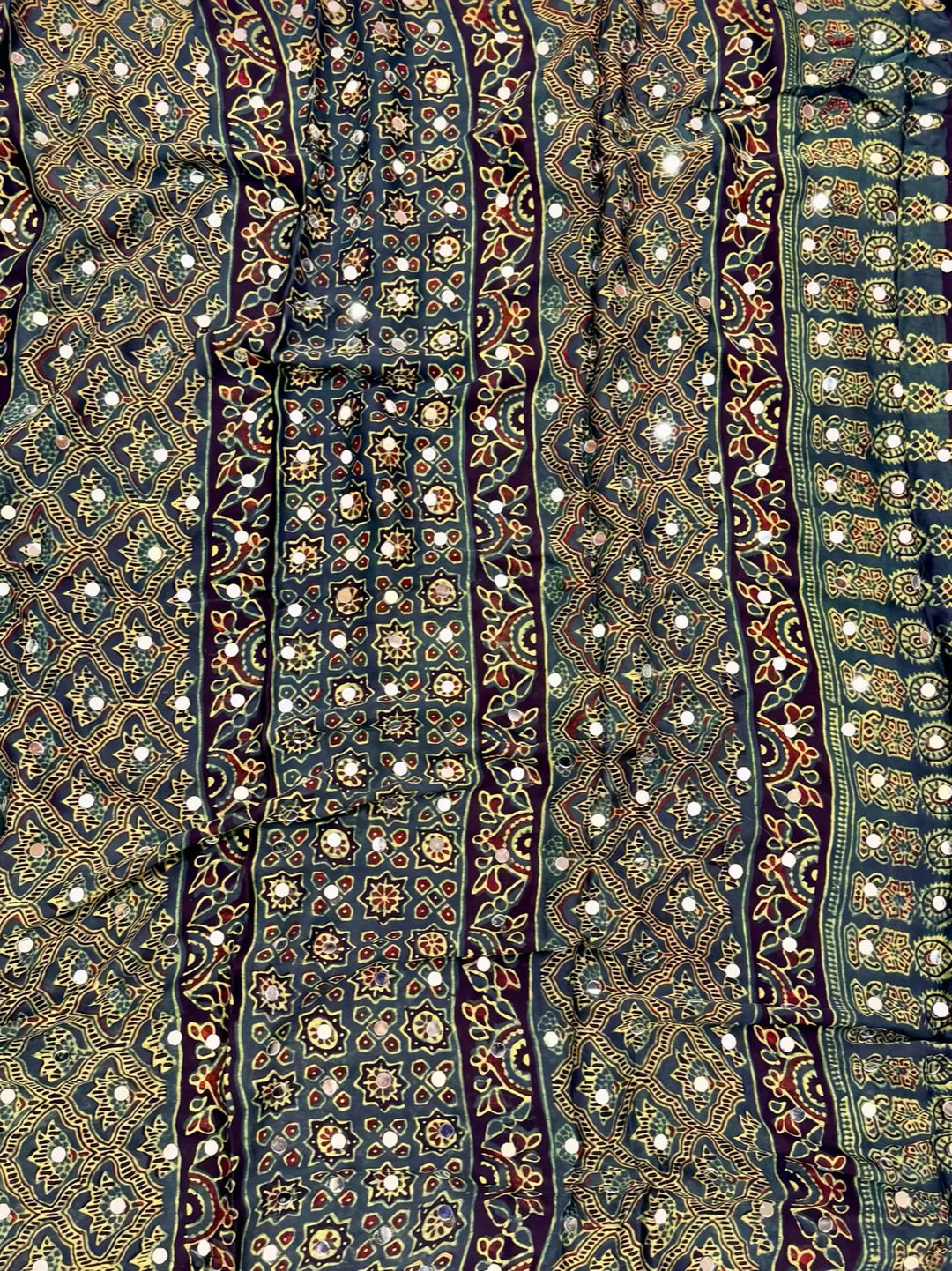 Pure Modal Silk Handblock Printed Paisley Saree with Mirror Work Detailing – Forest Green