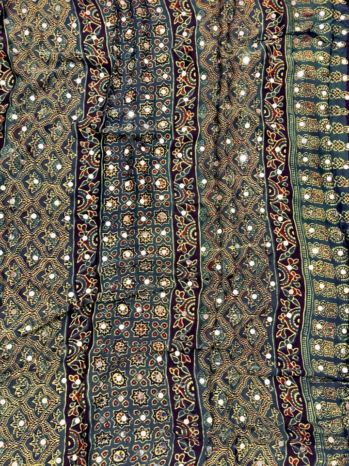 Pure Modal Silk Handblock Printed Paisley Saree with Mirror Work Detailing – Forest Green