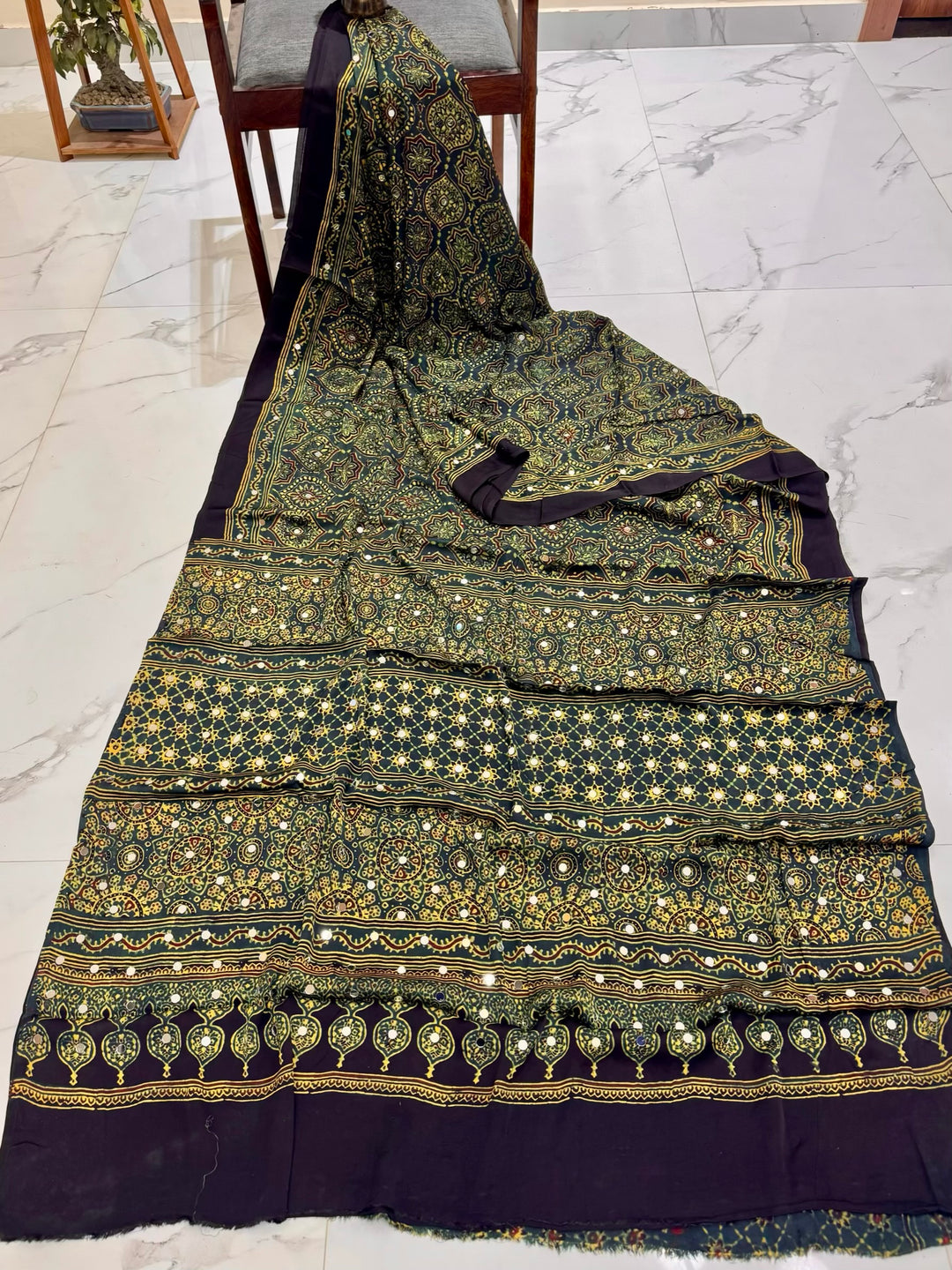 Authentic Ajrakh Handblock Printed Modal Silk Saree with Mirror Embellishments – Mustard & Black