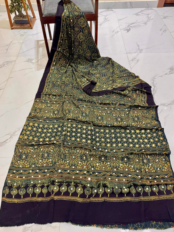 Authentic Ajrakh Handblock Printed Modal Silk Saree with Mirror Embellishments – Mustard & Black