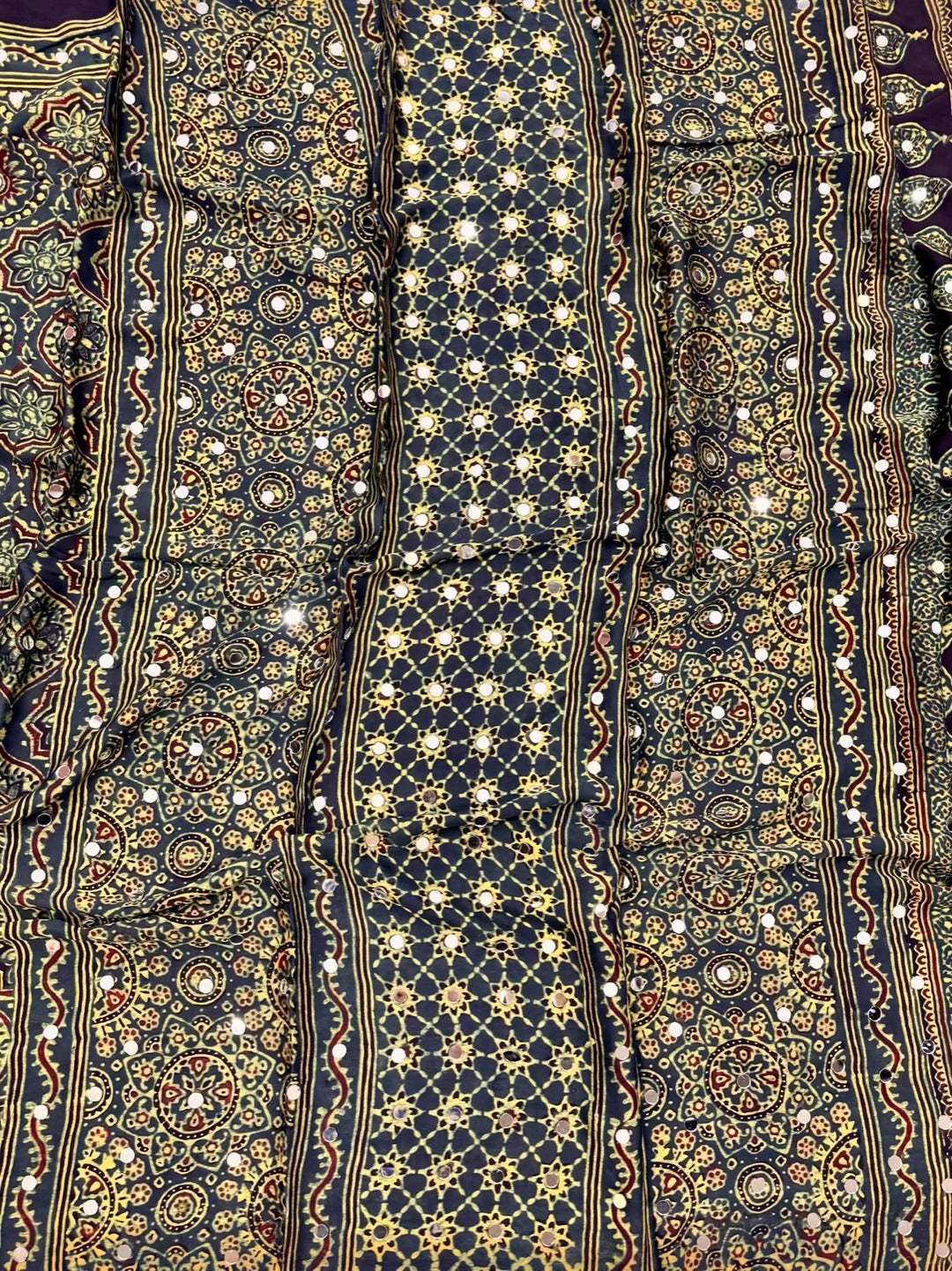 Authentic Ajrakh Handblock Printed Modal Silk Saree with Mirror Embellishments – Mustard & Black