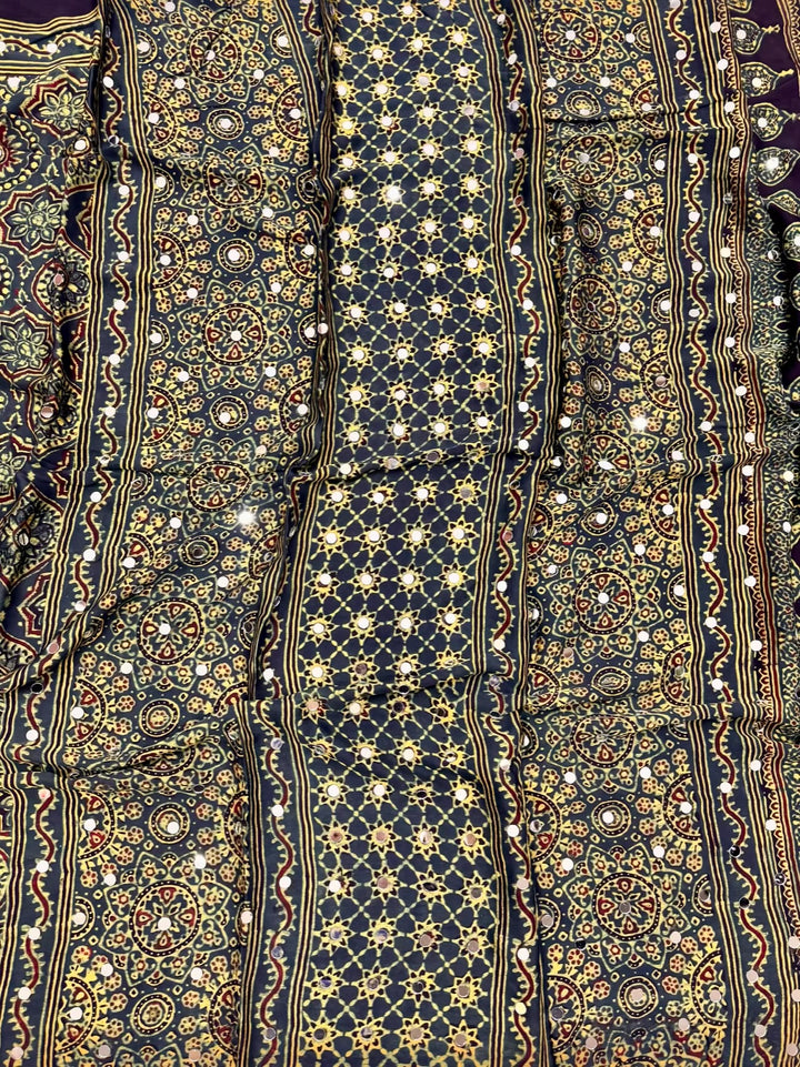 Authentic Ajrakh Handblock Printed Modal Silk Saree with Mirror Embellishments – Mustard & Black