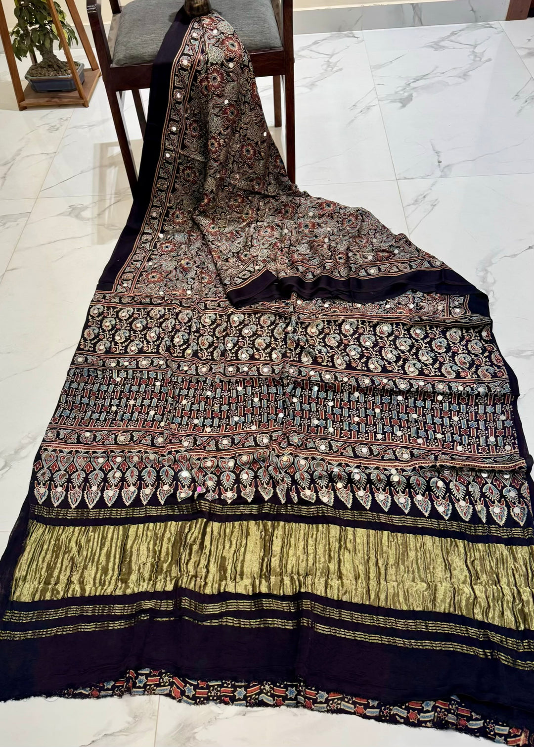 Premium Modal Silk Handblock Printed Saree with Heavy Mirror Work & Zari Border – Multi-Tone Earthy Palette