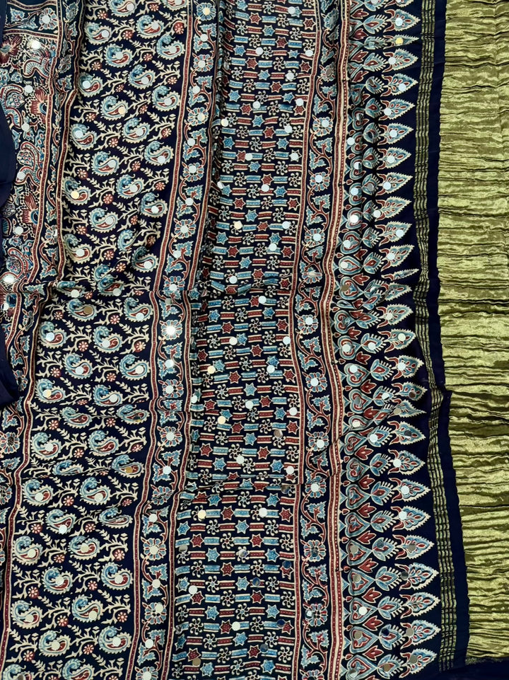 Premium Modal Silk Handblock Printed Saree with Heavy Mirror Work & Zari Border – Multi-Tone Earthy Palette