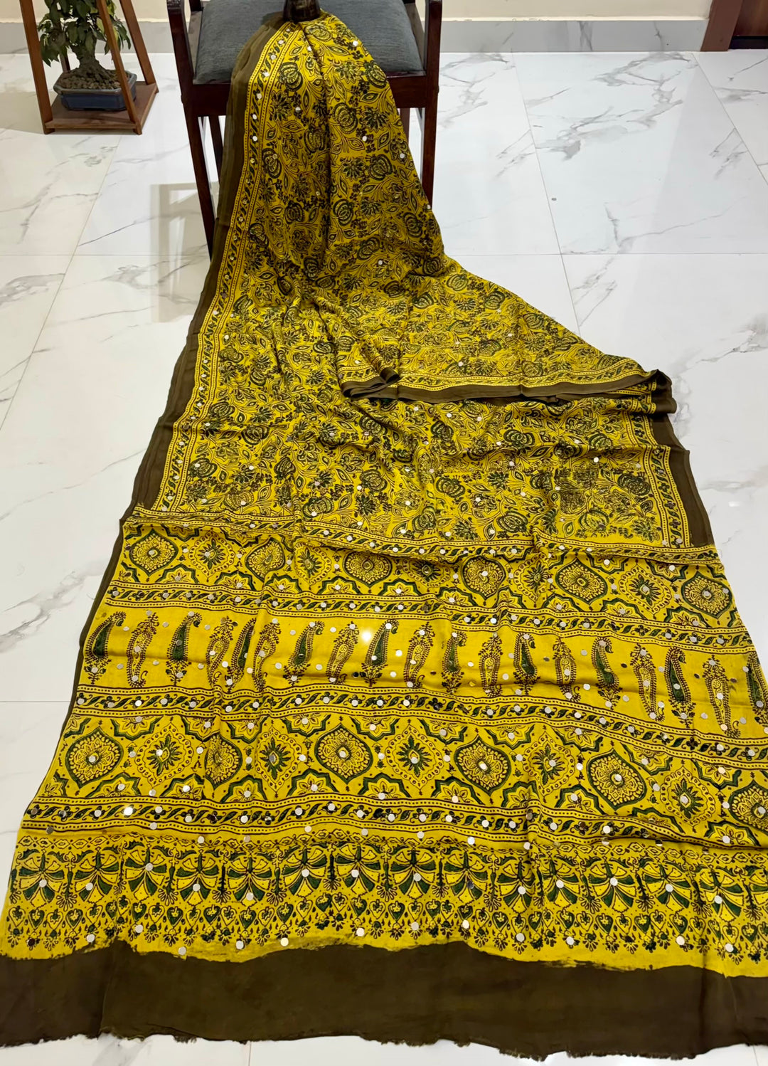 Vibrant Yellow Pure Modal Silk Handblock Printed Saree with Real Mirror Work