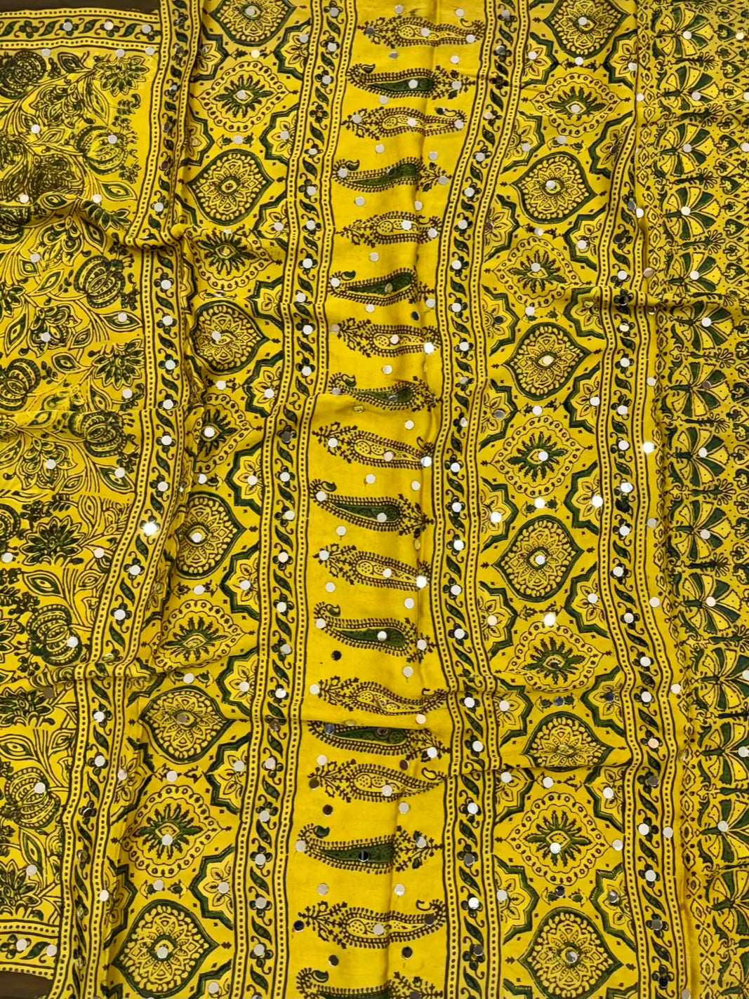 Vibrant Yellow Pure Modal Silk Handblock Printed Saree with Real Mirror Work