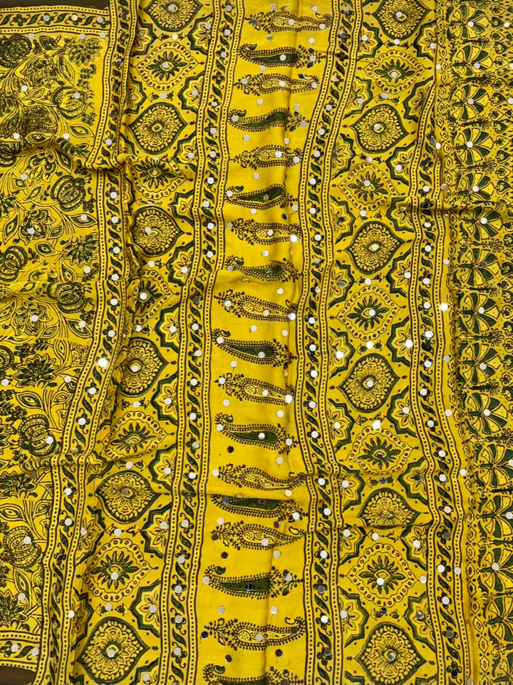 Vibrant Yellow Pure Modal Silk Handblock Printed Saree with Real Mirror Work