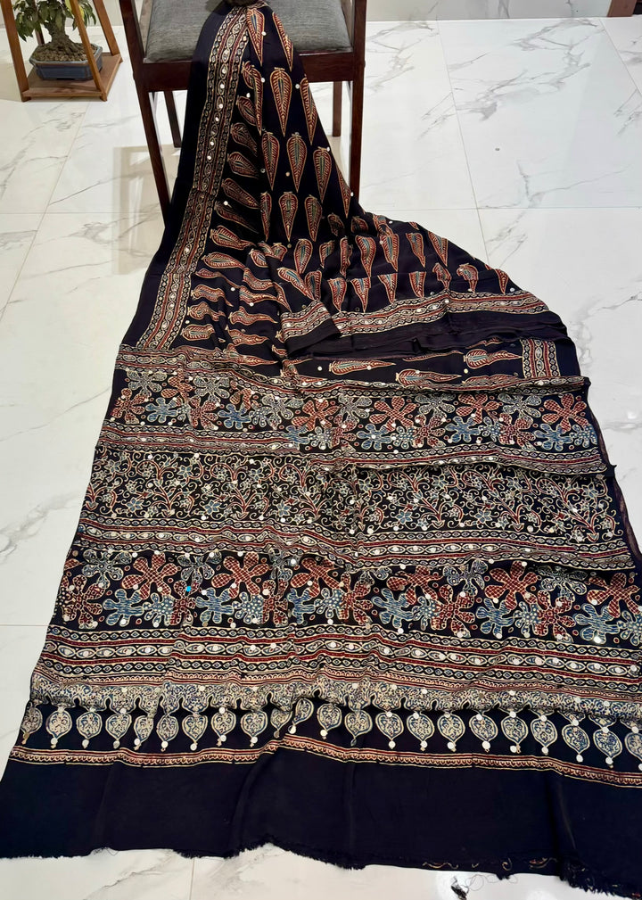 Black Pure Modal Silk Ajrakh Handblock Saree with Leaf Motifs and Mirror Work