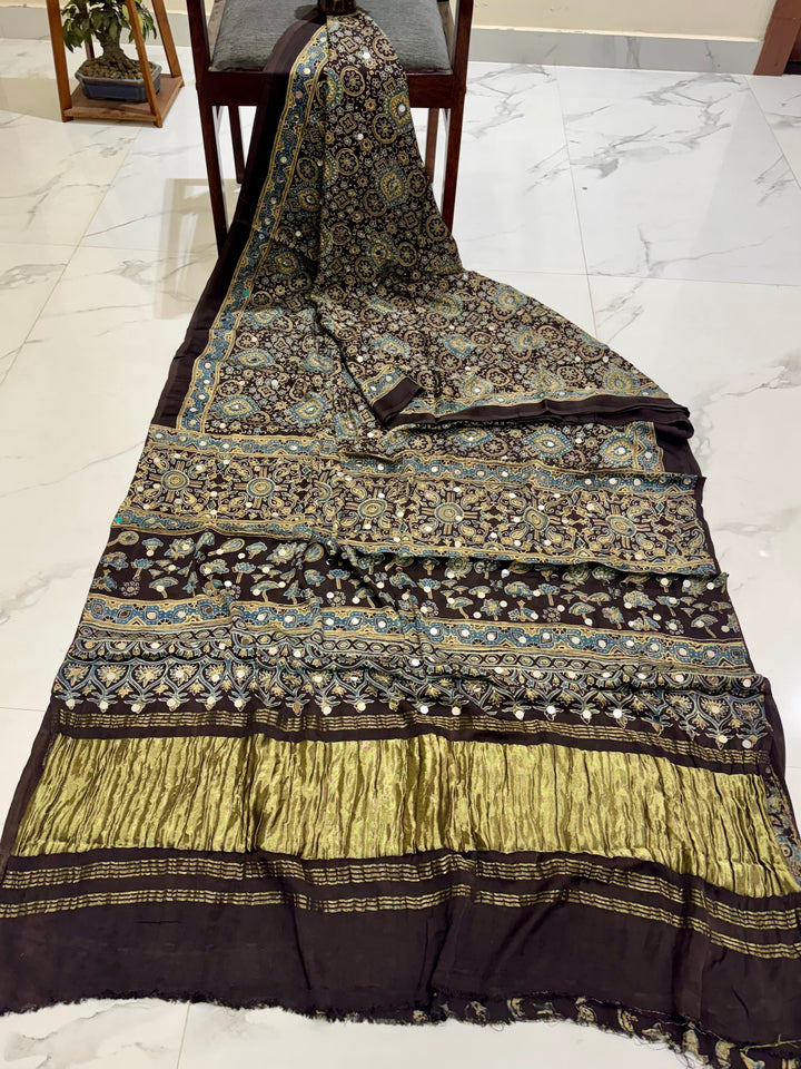 Luxury Coffee Brown Modal Silk Saree with Heavy Mirror Work and Golden Zari Border