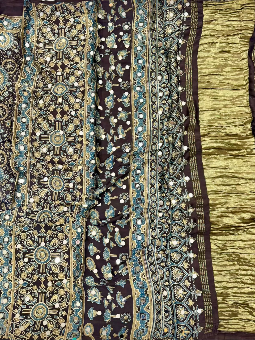Luxury Coffee Brown Modal Silk Saree with Heavy Mirror Work and Golden Zari Border