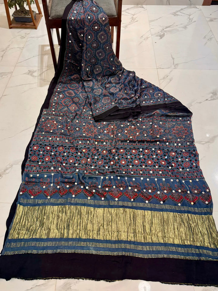 Teal Blue Pure Modal Silk Saree with Traditional Handblock Print and Mirror Work Detailing