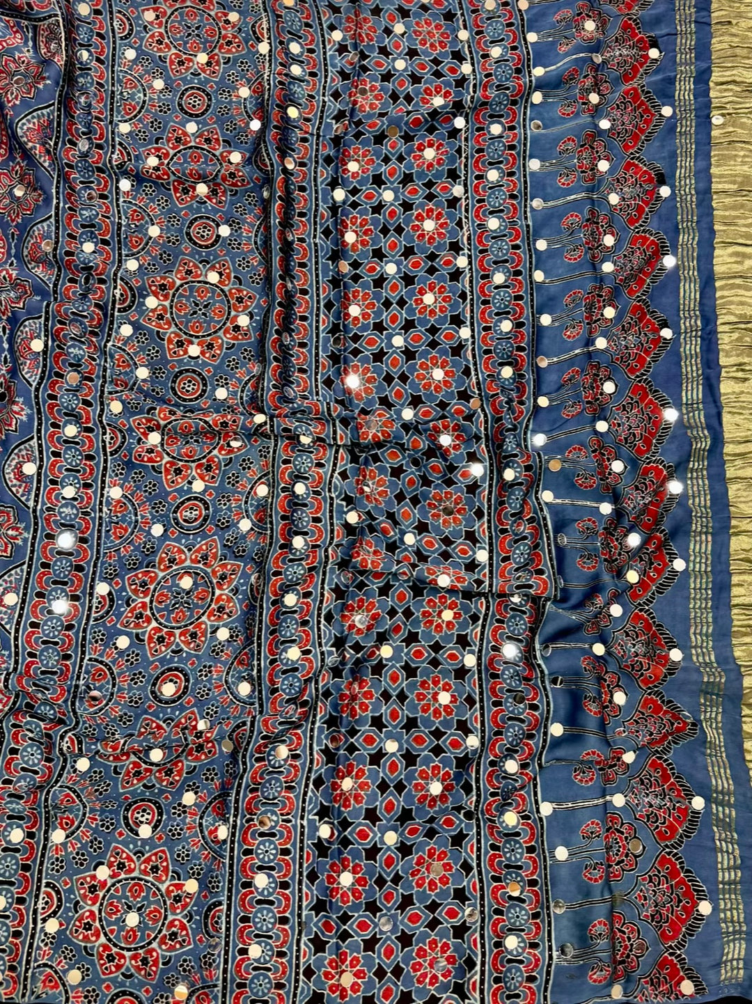 Teal Blue Pure Modal Silk Saree with Traditional Handblock Print and Mirror Work Detailing