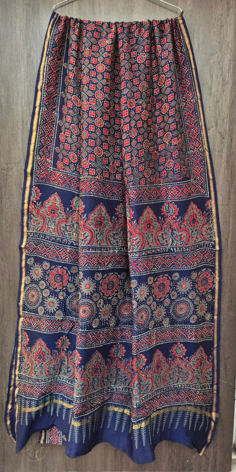 Navy blue Chanderi Bagru Handblock Printed Silk Cotton Saree With Blouse - Barmeri Ajrakh