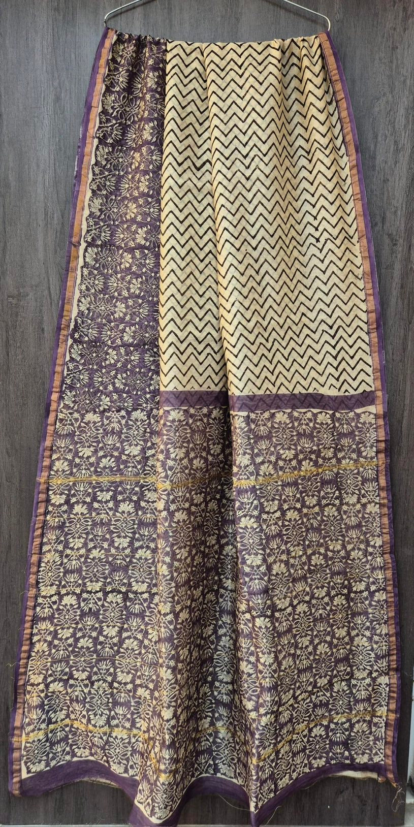 Purple Beige Chanderi Bagru Handblock Printed Silk Cotton Saree With Blouse - Geometrical