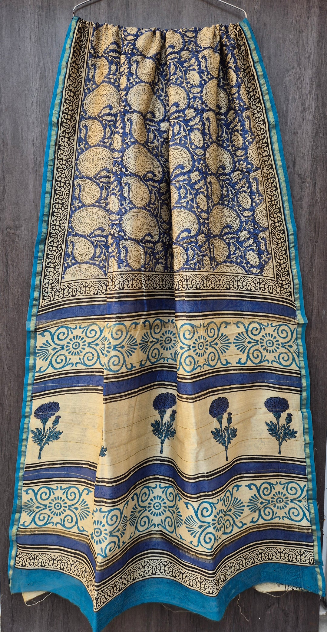 Indigo & Cream Paisley Block Print Saree