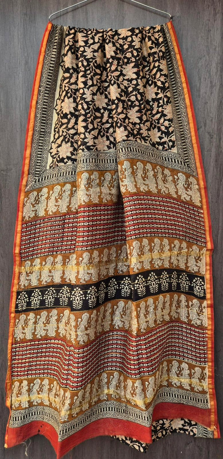 Chanderi Bagru Handblock Printed Silk Cotton Saree With Blouse Brown With Rusty Red Pipin