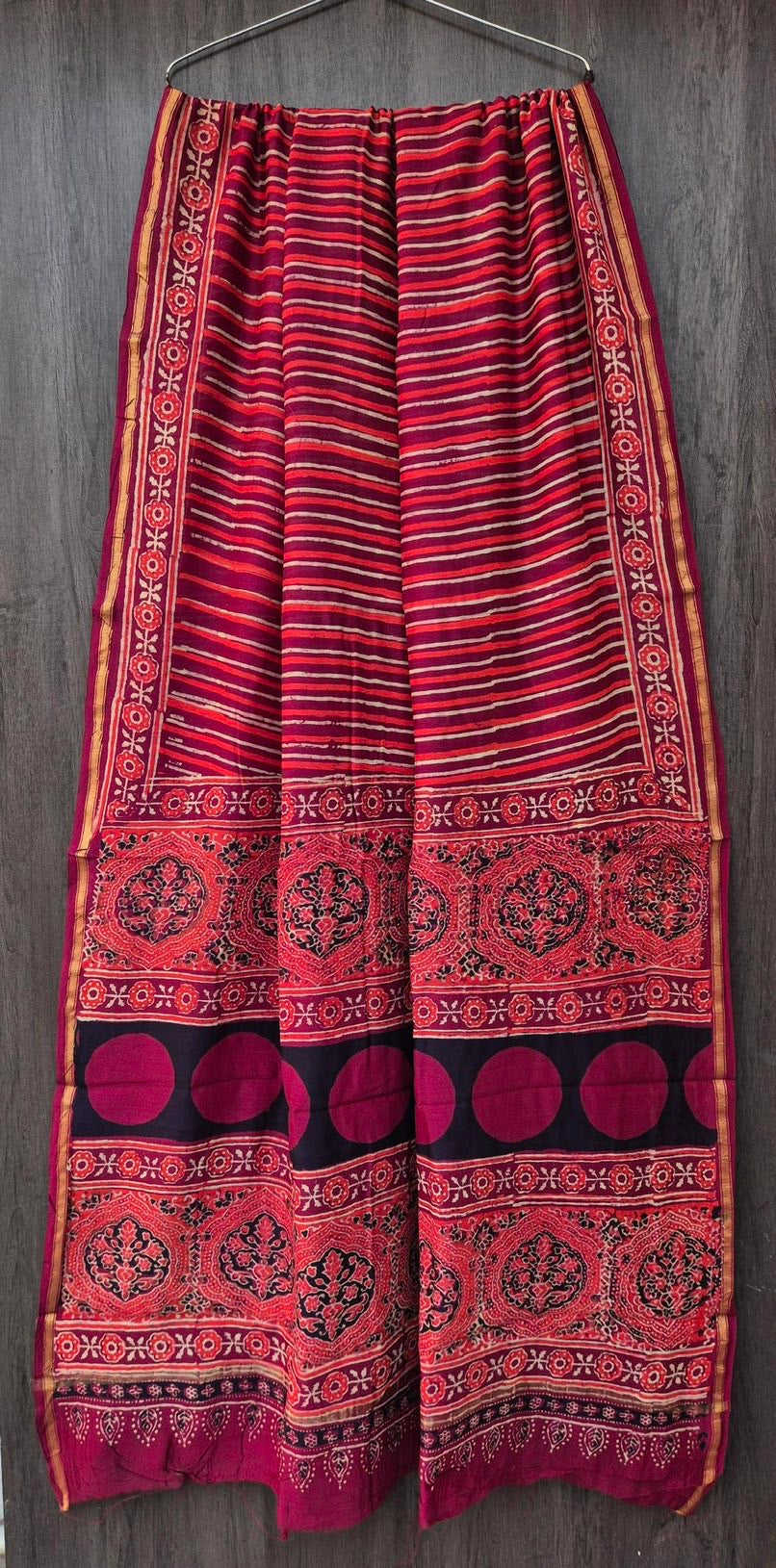 Chanderi Bagru Handblock Printed Silk Cotton Saree With Blouse - Maroon Stripes