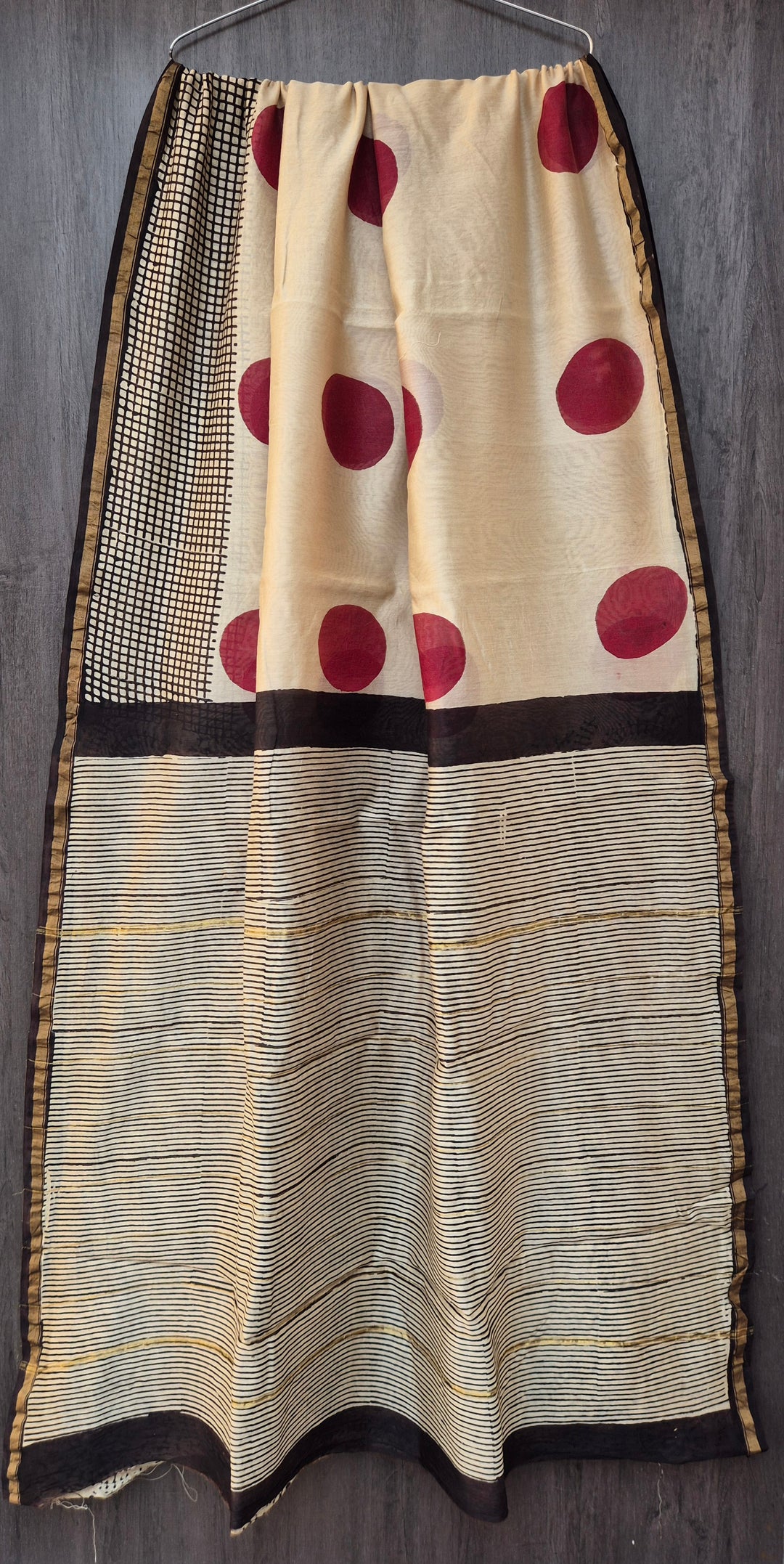 Cream & Maroon Contemporary Block Print Saree