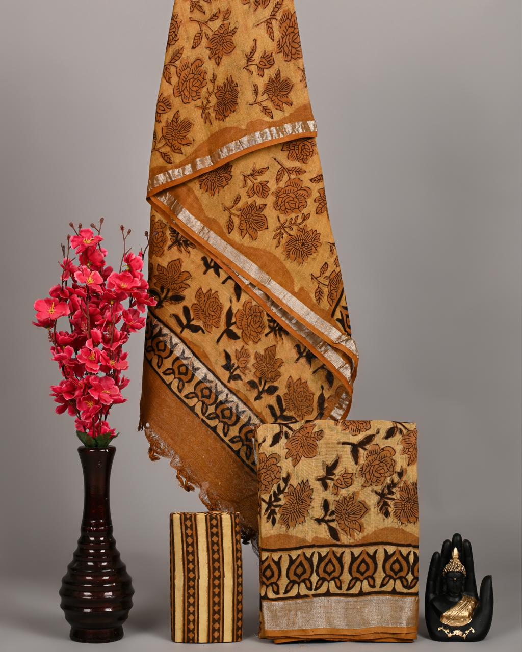 Mustard Gold Floral Handblock Printed Linen Cotton Suit Set with Stripes Pattern Bottom