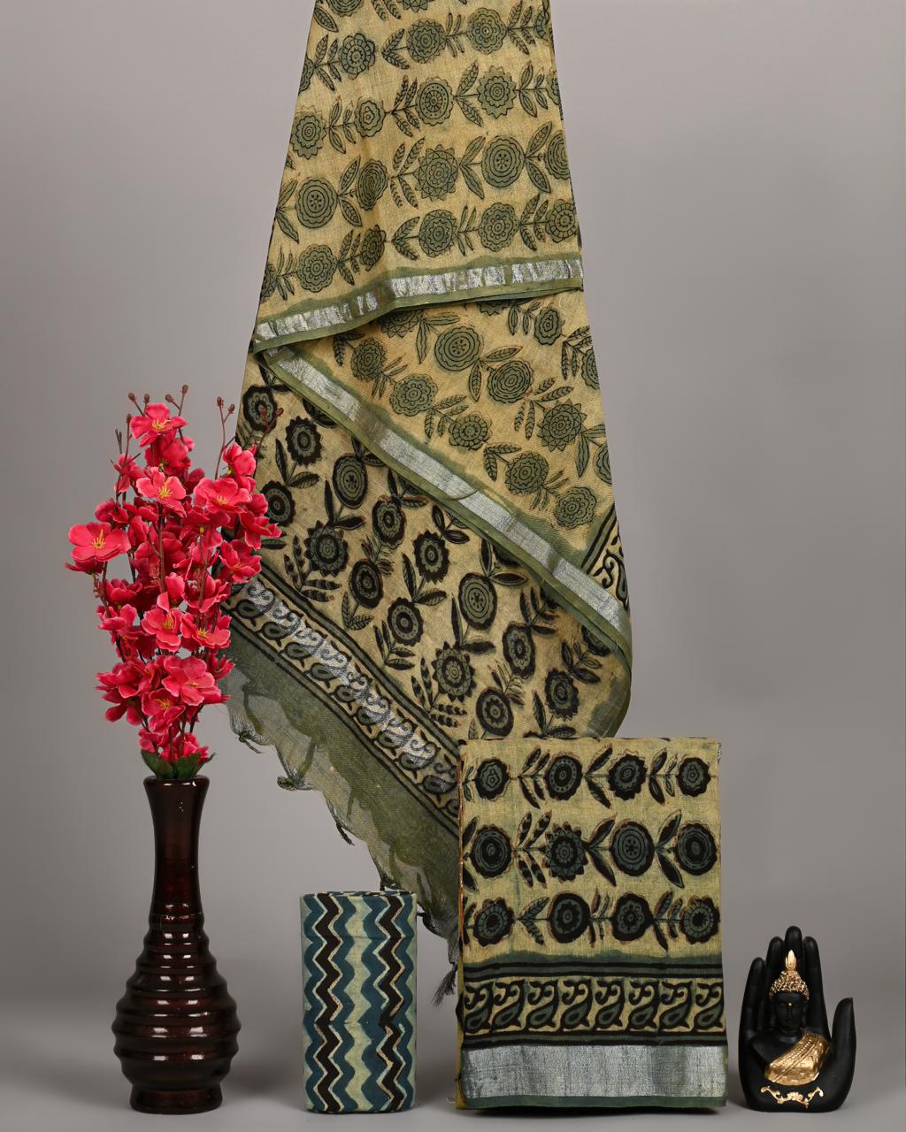 Sage Green & Black Sunflower Block Print Linen Cotton Suit with Zig-Zag Pattern Bottom