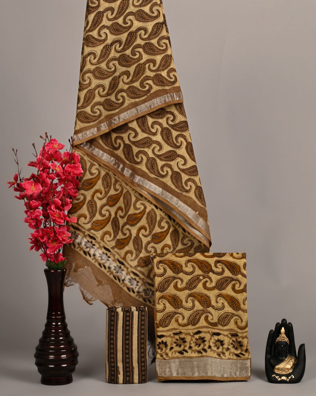 Traditional Beige & Brown Paisley Handblock Printed Linen Cotton Suit Set with Border Detail