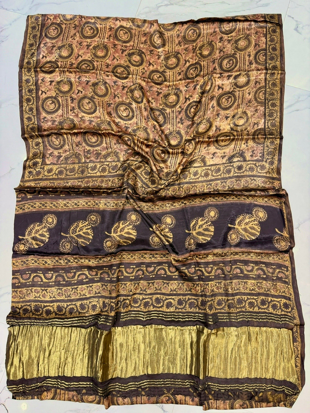 Premium Earthy Brown Gajji Silk Saree with Natural Nashpal Pomegranate Peel Print & Golden Zari Pallu