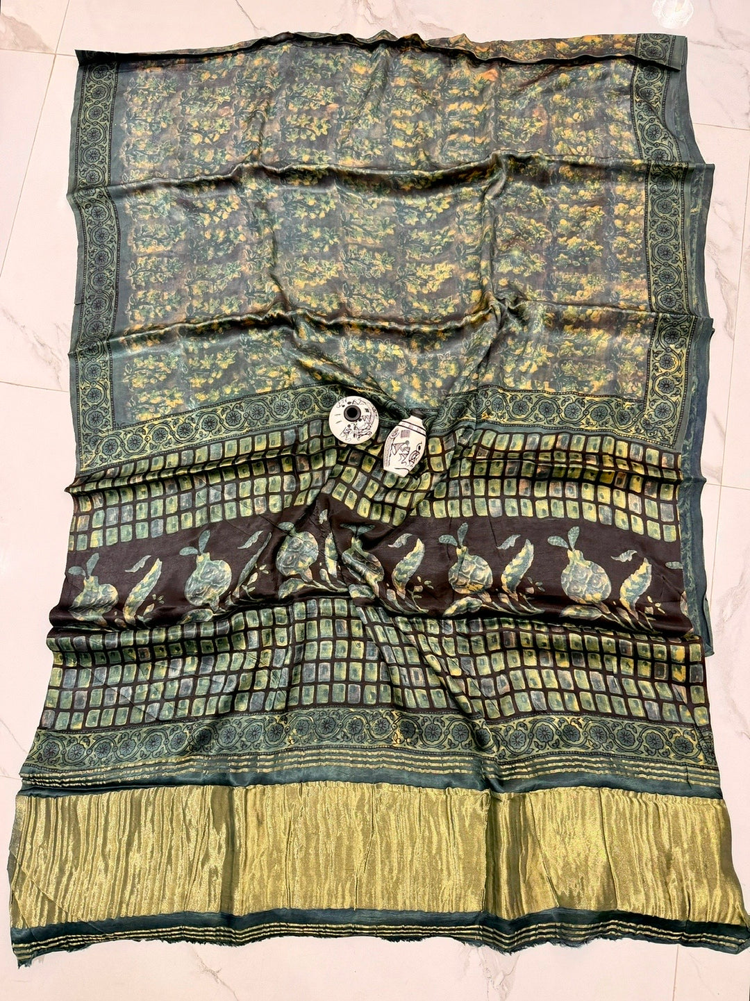 Artisan Handcrafted Green Gajji Silk Saree with Traditional Pomegranate Peel Dye & Anar Block Prints