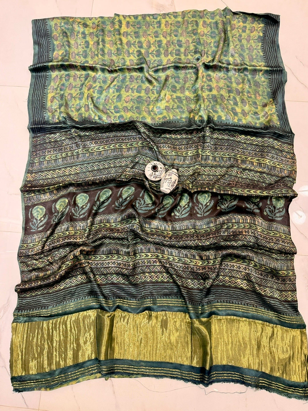 Authentic Nashpal Print Gajji Silk Saree in Olive Green featuring Floral Handblock Prints & Crushed Zari Border