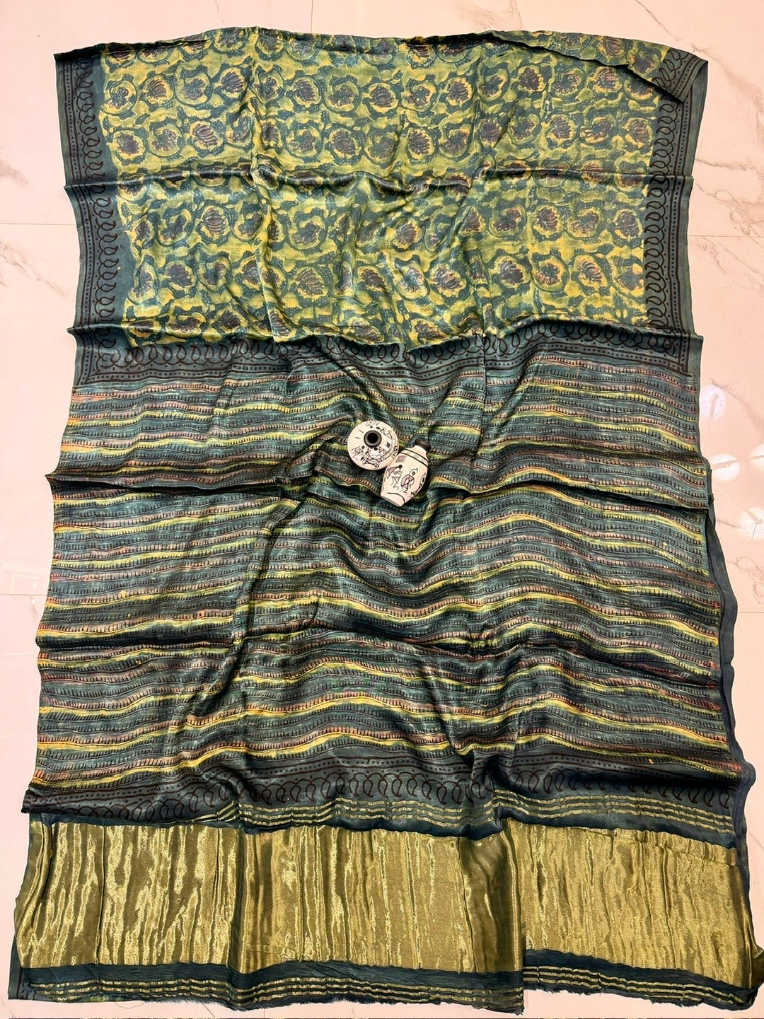 Premium Pomegranate Peel Dyed Gajji Silk Saree with Striped Pattern & Natural Handblock Print