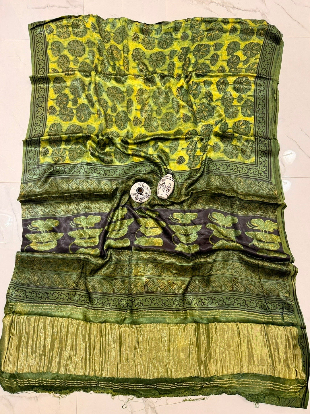 Bright Yellow Nashpal Print Gajji Silk Saree with Artisan Lotus Motifs & Rich Golden Tissue Border