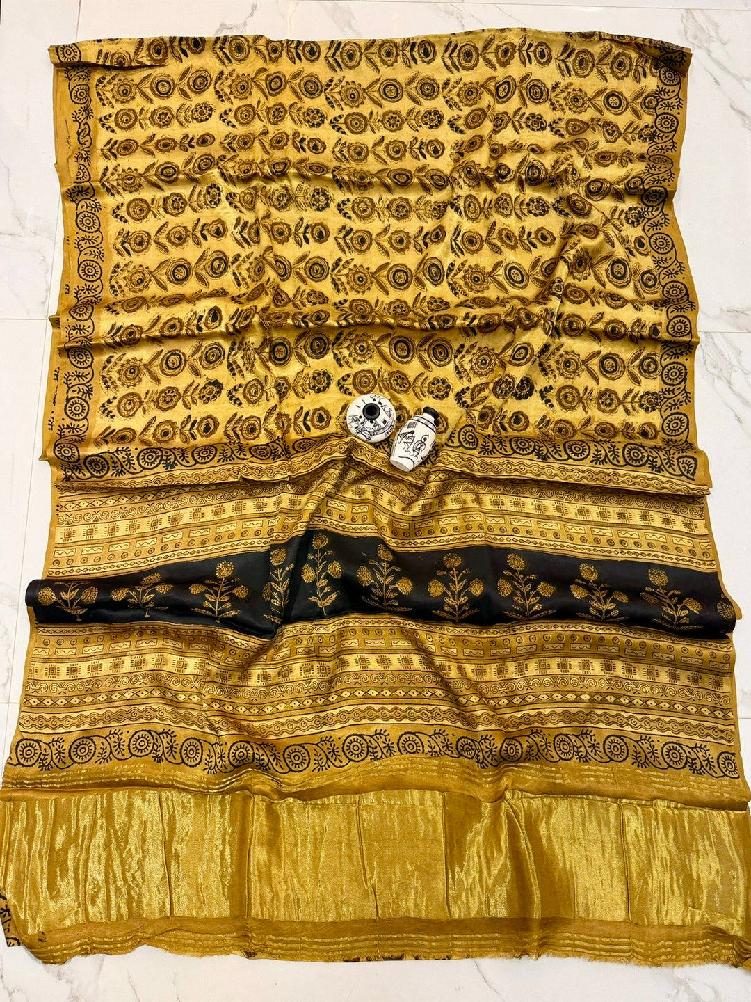 Mustard Yellow Premium Gajji Silk Saree with Hand-Printed Pomegranate Peel Floral Motifs & Zari Finish