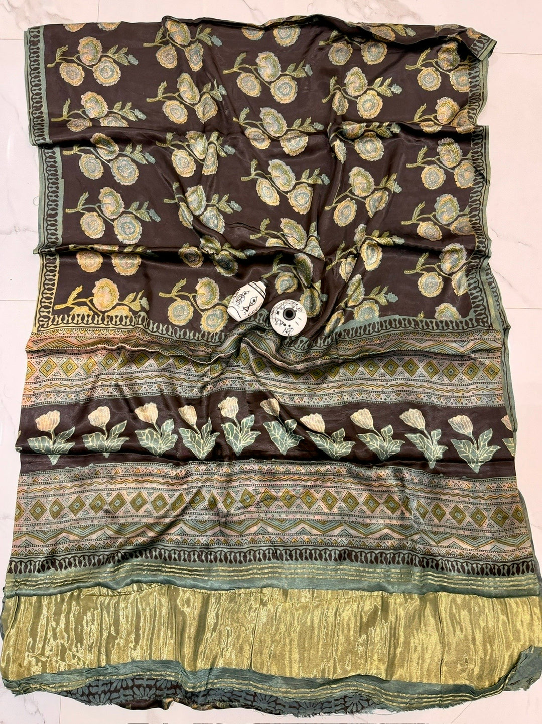 Espresso Black Gajji Silk Saree with Natural Nashpal Dye Floral Block Prints & Traditional Border