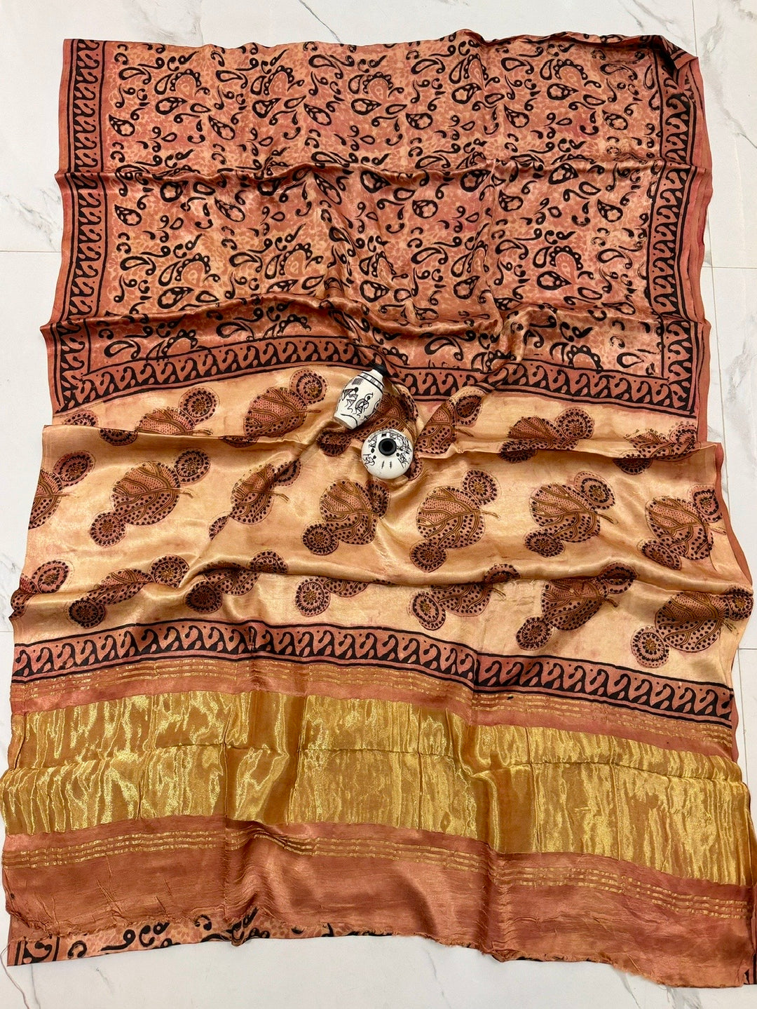 Peach Orange Gajji Silk Saree with Traditional Paisley Motifs & Authentic Pomegranate Peel Print