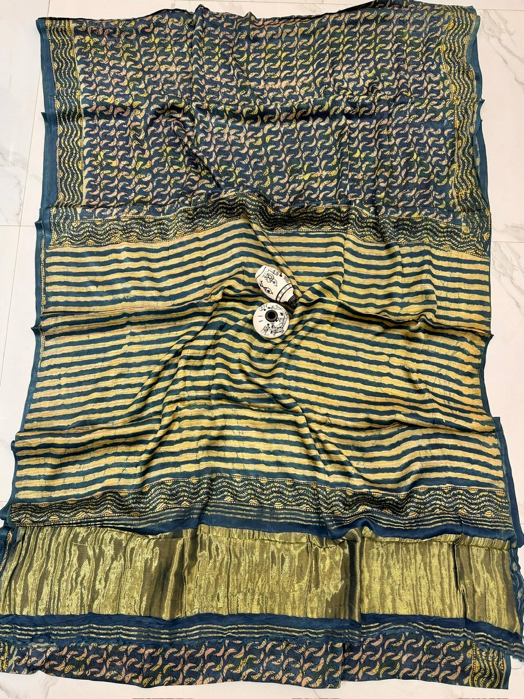 Elegant Blue-Grey Handblock Printed Gajji Silk Saree with Striped Nashpal Dye Pattern
