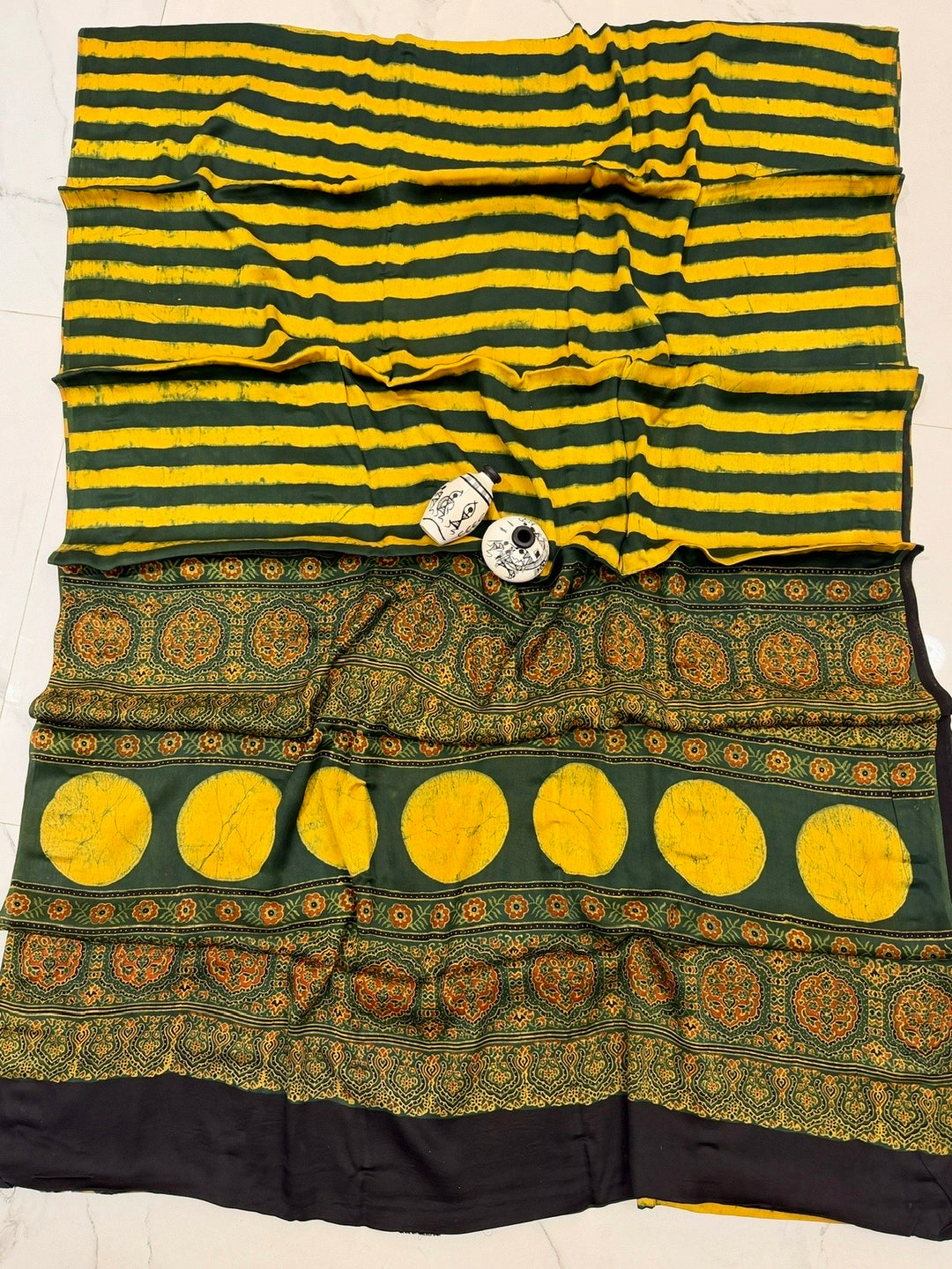 Mustard Yellow and Forest Green Handblock Ajrakh Printed Pure Modal Silk Saree