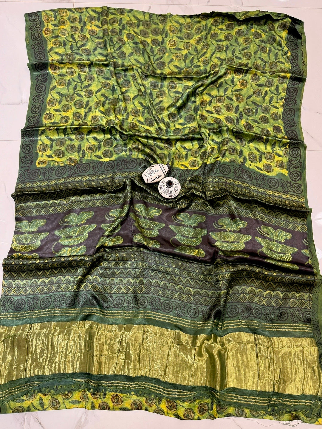 Natural Green Gajji Silk Saree with Floral Nashpal Pomegranate Print & Artisan Golden Pallu