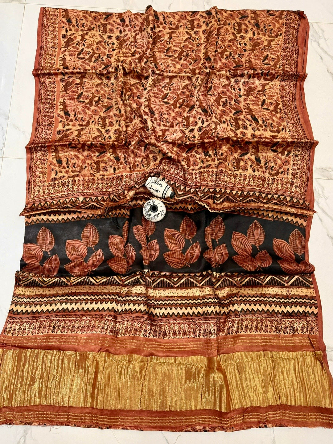 Handcrafted Rust Orange Gajji Silk Saree with Natural Nashpal Pomegranate Dye & Bold Leaf Block Prints