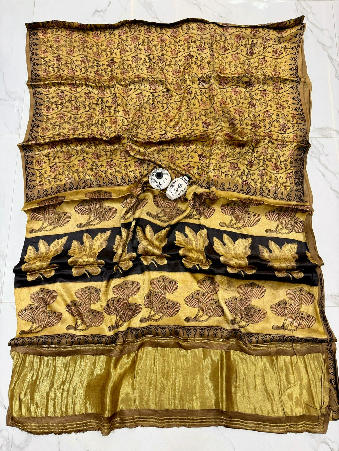 Premium Mustard Yellow Gajji Silk Saree featuring Authentic Nashpal Print & Traditional Artisan Border