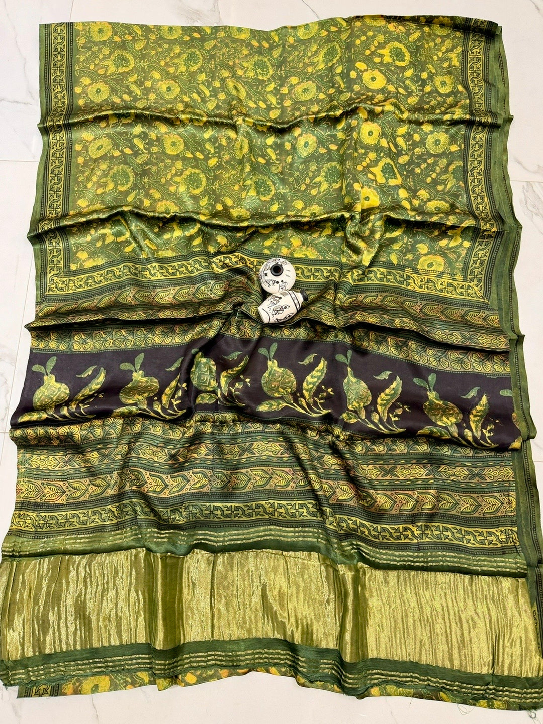 Natural Olive Green Gajji Silk Saree with Pomegranate Peel Dye & Signature Anar Handblock Motifs