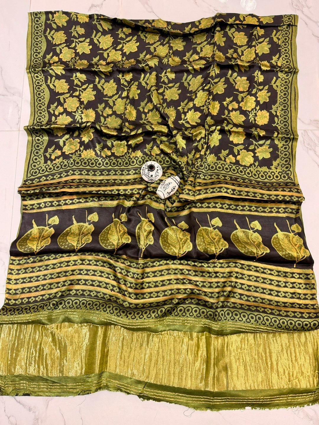 Deep Espresso Brown Gajji Silk Saree with Green Floral Nashpal Print & Rich Golden Zari Finish