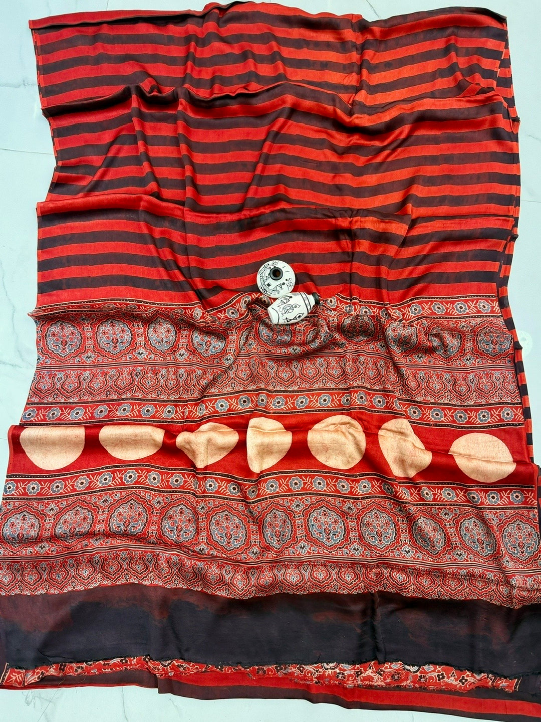 Crimson Red and Charcoal Black Traditional Ajrakh Handblock Print Pure Modal Silk Saree