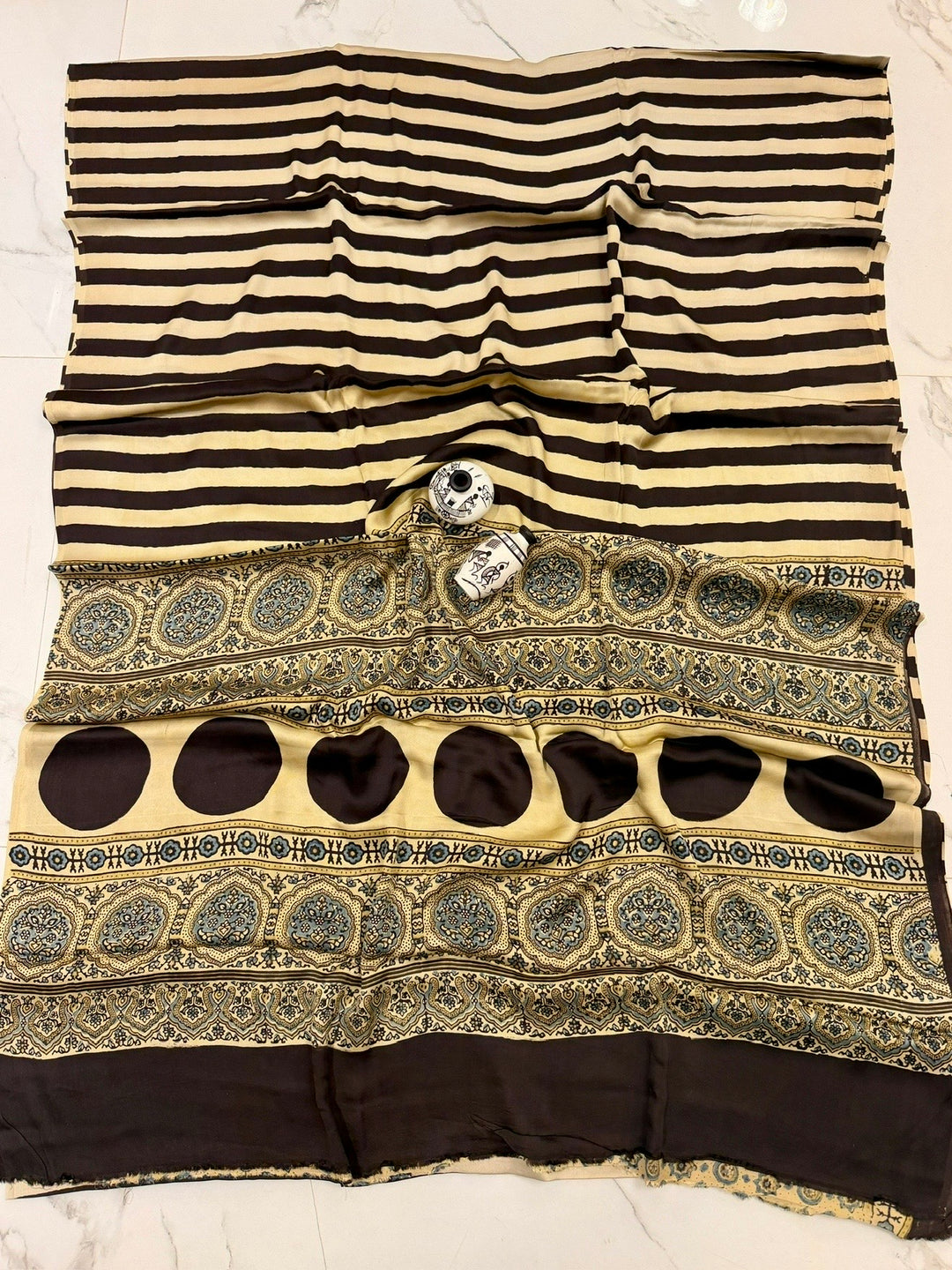 Classic Cream and Ebony Black Geometric Ajrakh Handblock Printed Pure Modal Silk Saree